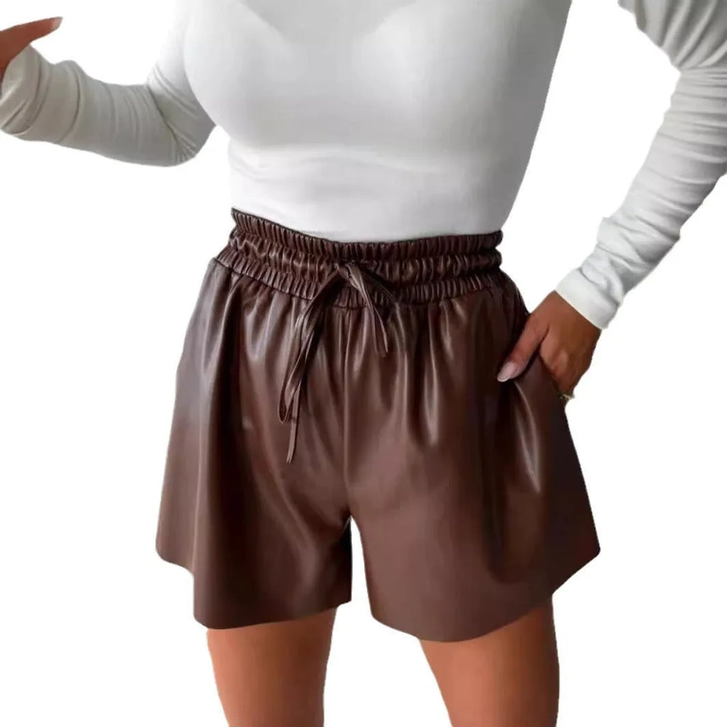 Women's black PU leather wide-leg shorts with lace-up drawstring waist detail