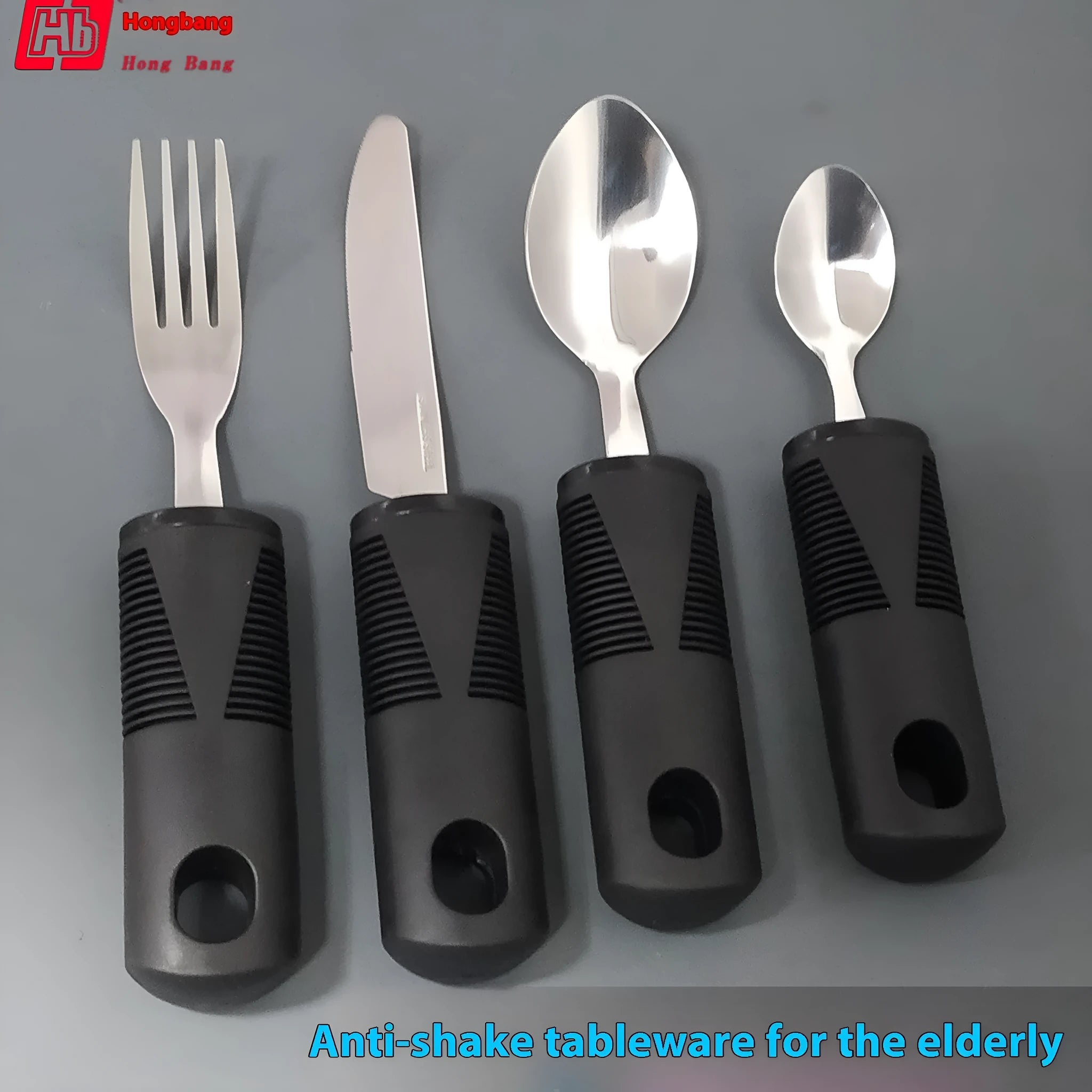 Stainless steel anti-shake cutlery set with rubber handles for adult mealtime assistance