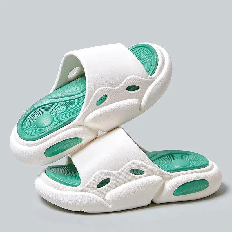 Two-tone thick-soled EVA slippers for men and women in pink purple, white green, or black and white.