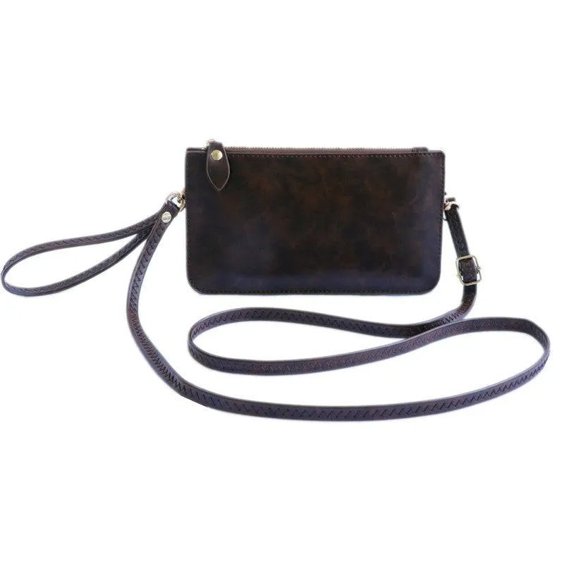 Mini touch screen phone bag in cross square shape with soft surface material, blue colour, and zippered pockets
