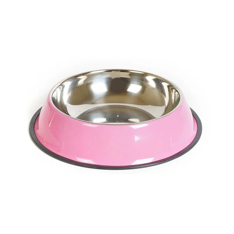 Stainless steel pet bowl with colourful melamine base in non-slip design