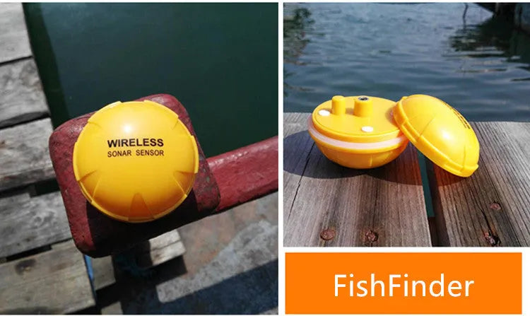 Yellow wireless sonar fish finder floating on water, 68x68x50cm, 125kHz, 36m depth range