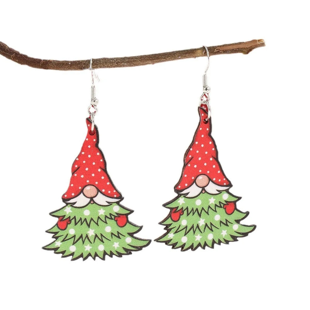 Wooden Christmas earrings showing Christmas tree design and water drop snowman design with festive printing