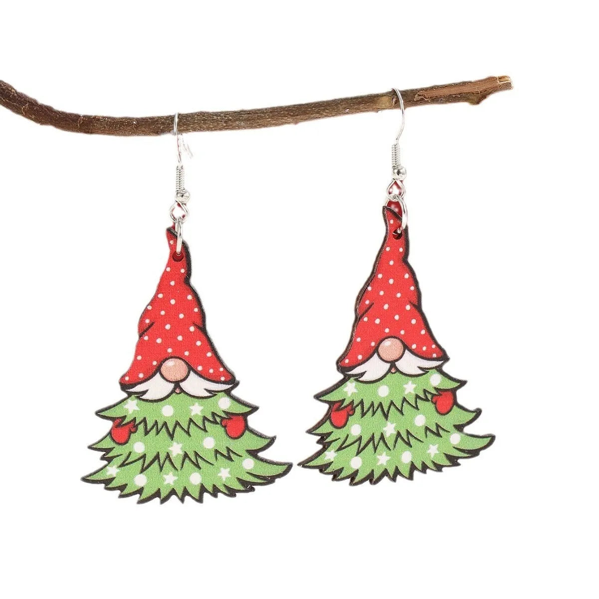 Wooden Christmas earrings showing Christmas tree design and water drop snowman design with festive printing