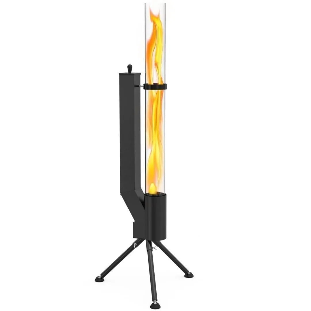 Vertical iron wood burning rocket furnace stove for courtyard heating and decoration.