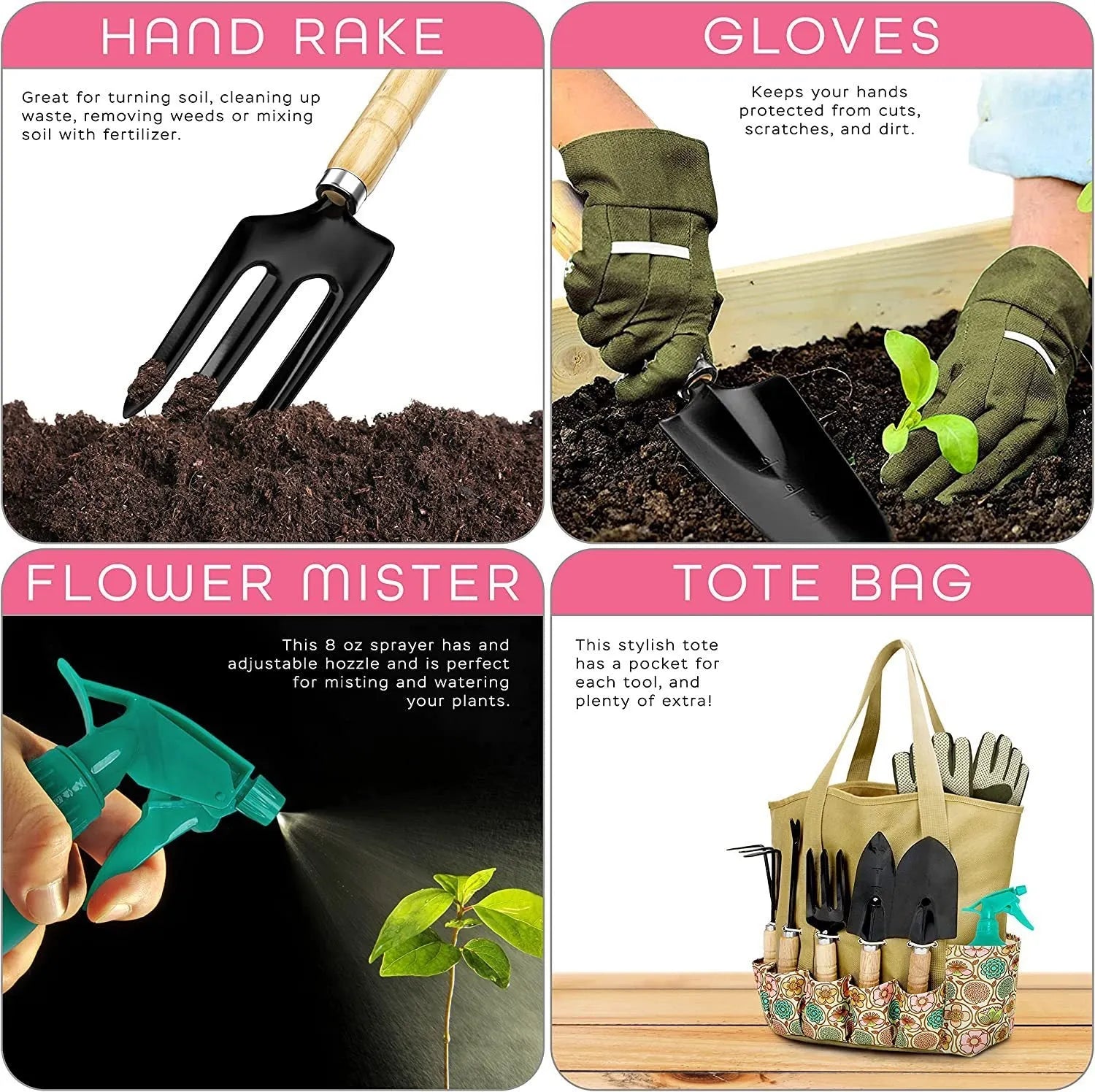 Stainless steel gardening tool set of eight pieces including trowel, weeder, fork, cultivator, snipper, and shovel