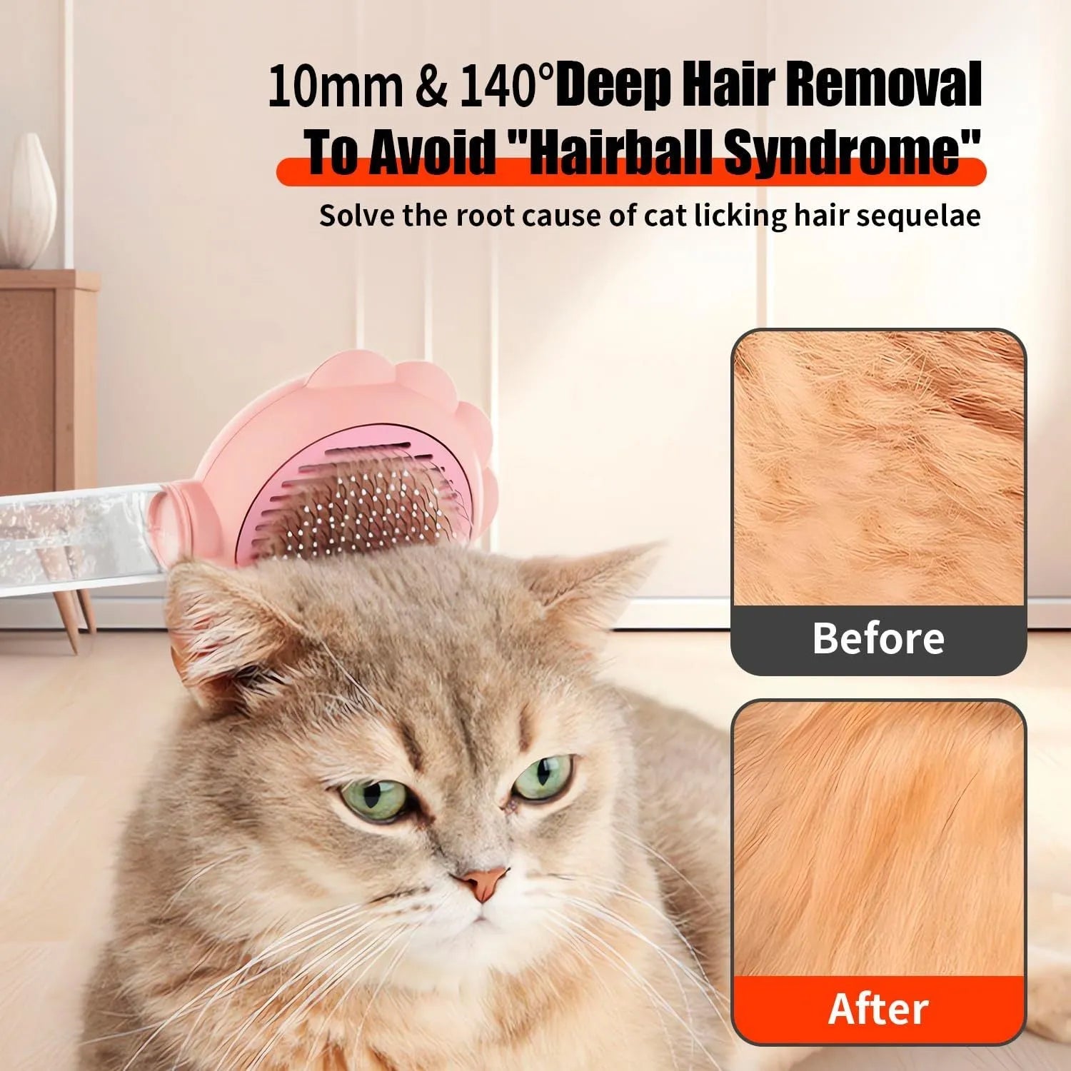 Grey spray cat grooming brush with release button and stainless steel bristles on a white background