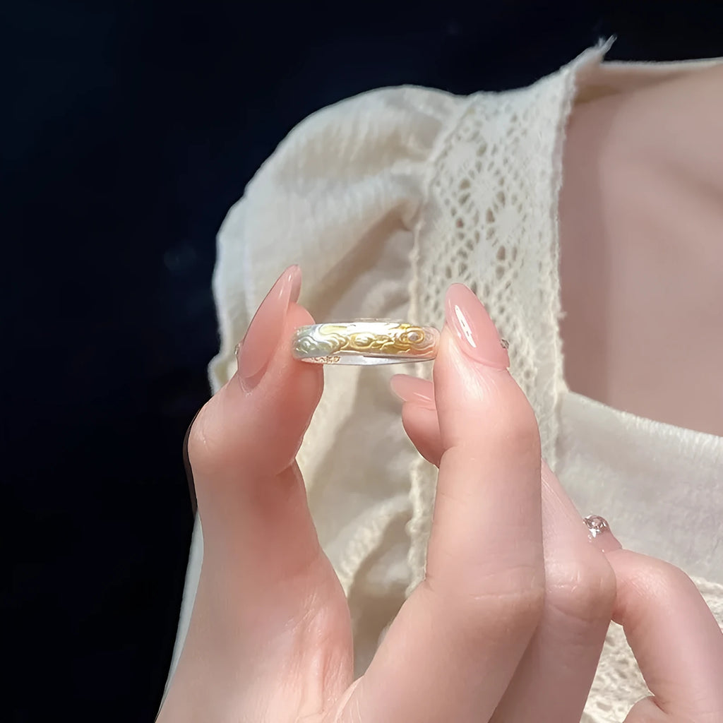 White copper ring with xiangyun pattern, electroplated silver and gold finish, geometric open mouth design
