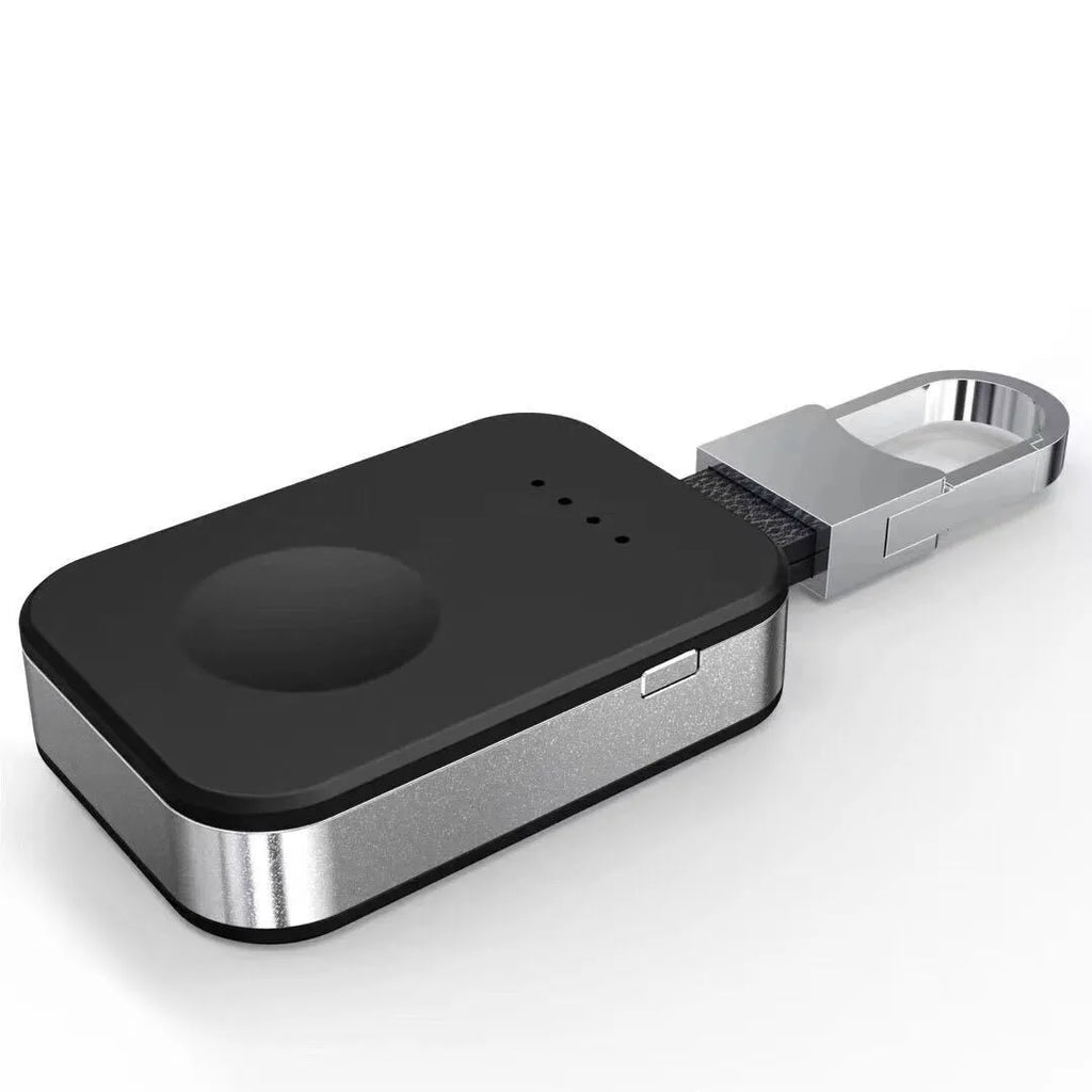 Black Apple Watch wireless charging power bank on a keyring