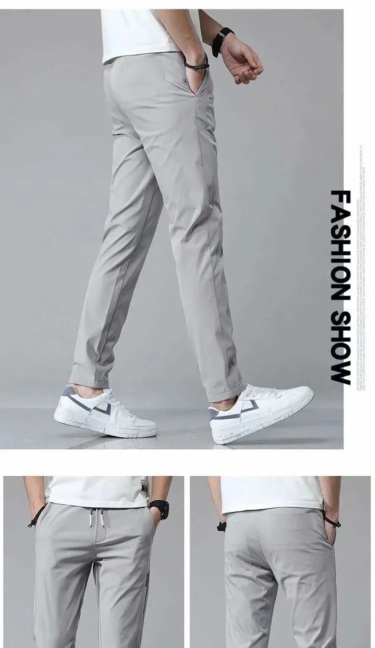 Men's Khaki drawstring trousers with loose straight leg and elastic waist, Korean casual style