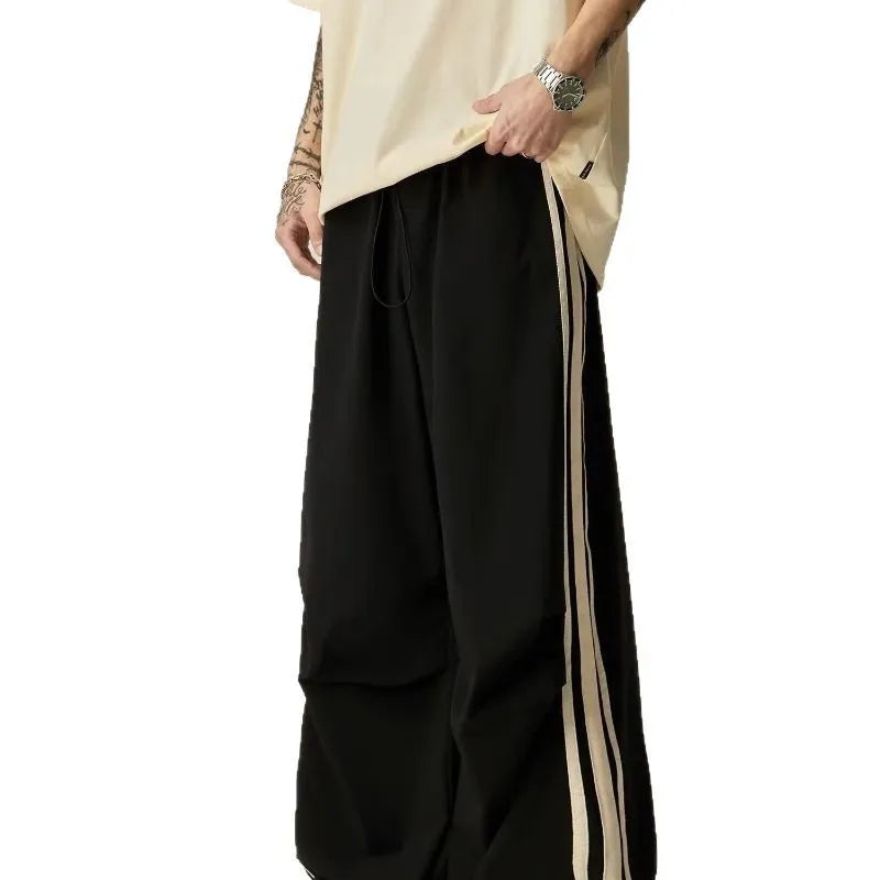 Black men's wide leg climbing trousers with high waist and straight long design