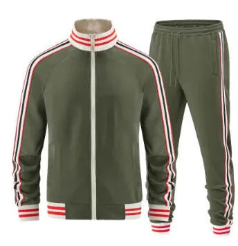 Khaki street style turtleneck zipper cardigan and trousers leisure suit