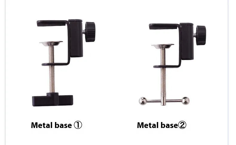 Black foldable metal desktop cantilever bracket holding a tablet, showing adjustable arms and clamping mechanism.