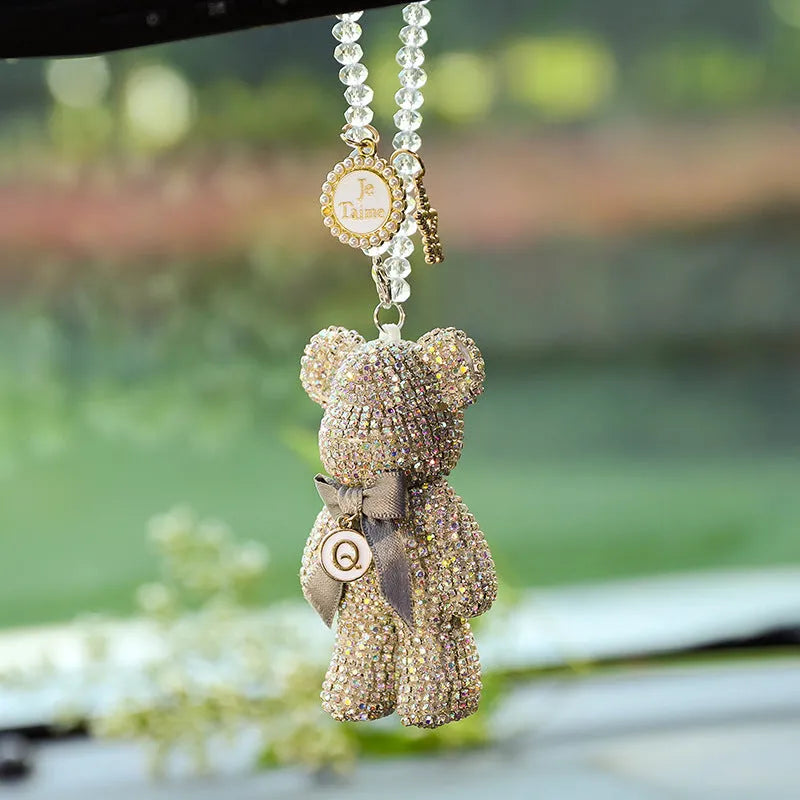 Diamond-embedded Violent Bear car rearview mirror pendant in crystal rhinestone.
