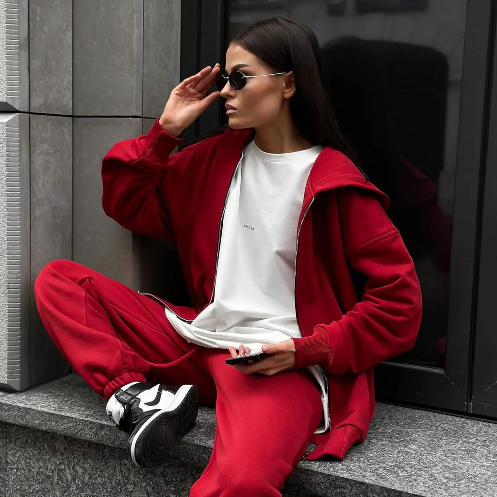 Women's loose fit street style two-piece set with long-sleeved coat and trousers in grey