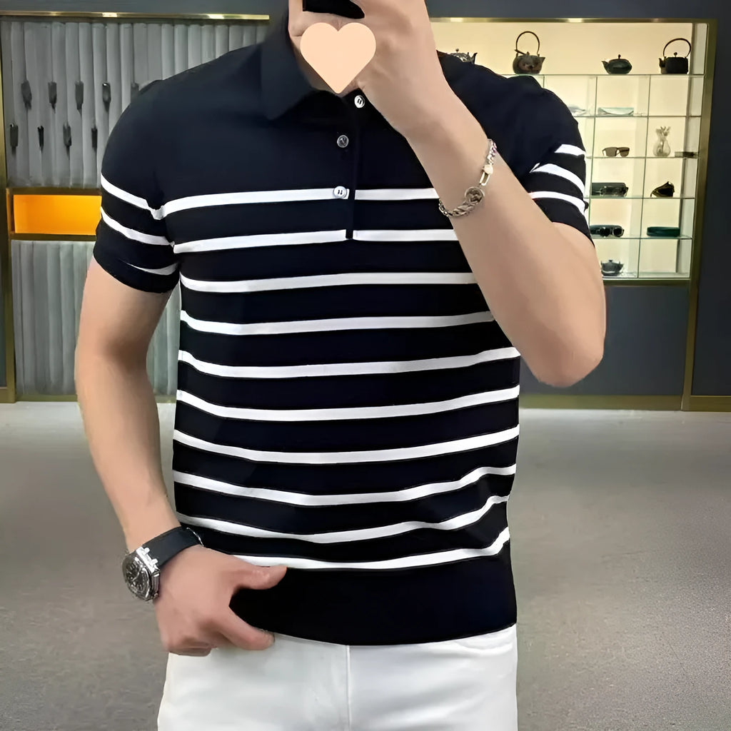 Striped lapel knitted T-shirt pullover in black or white colour with non-ironing fabric