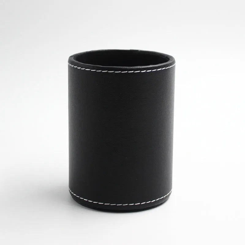 Round black leather pen holder showing 8cm diameter and 10.8cm height dimensions