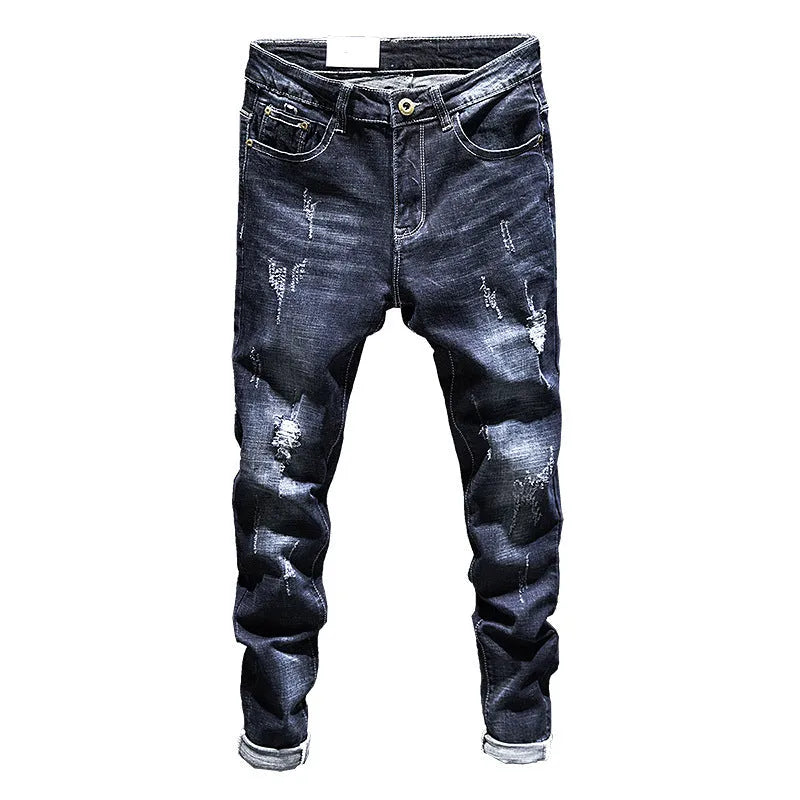 Men's slim-fit skinny jeans in dark blue cotton denim on a hanger.