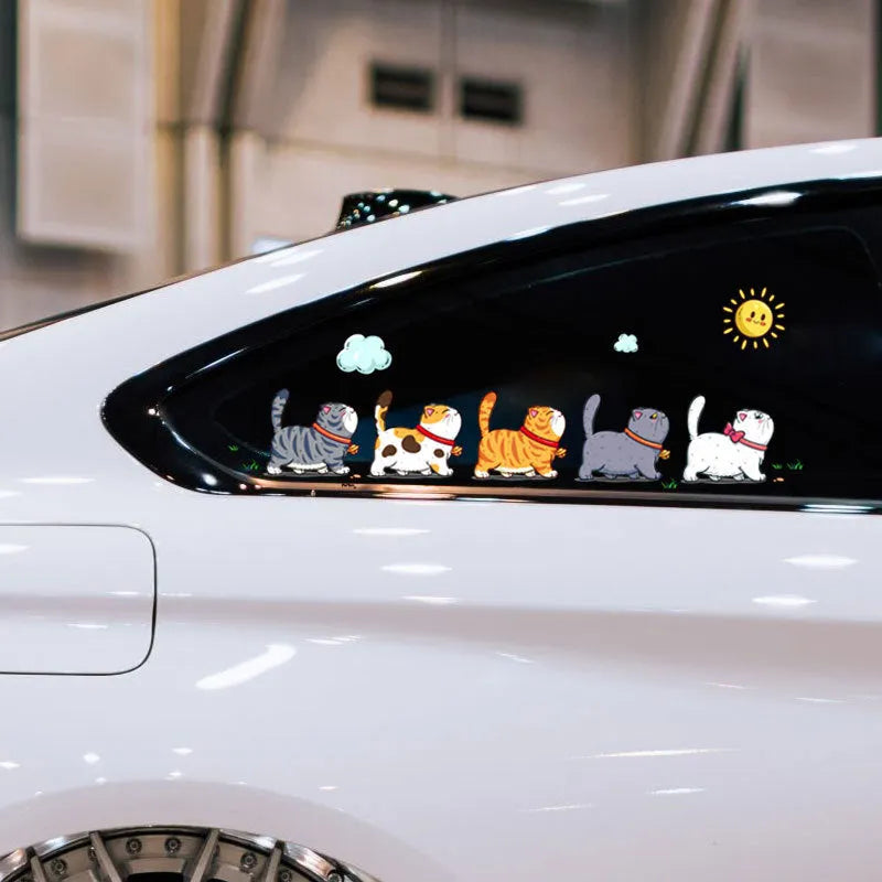 Waterproof PVC car sticker decal showing a design of five cats walking, available in three sizes.