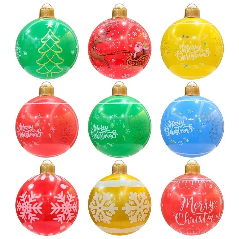 Large red inflatable Christmas ball with flash lights, shown with manual pump, for garden decoration.