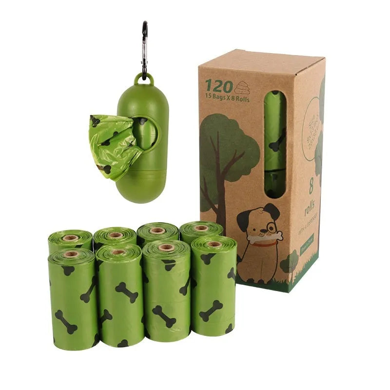 Military green degradable dog poop bags with black bone print, 23cm by 33cm size