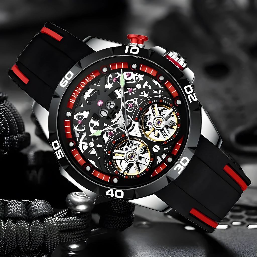 Automatic mechanical skeleton men's watch with luminous markers and exhibition back in stainless steel case