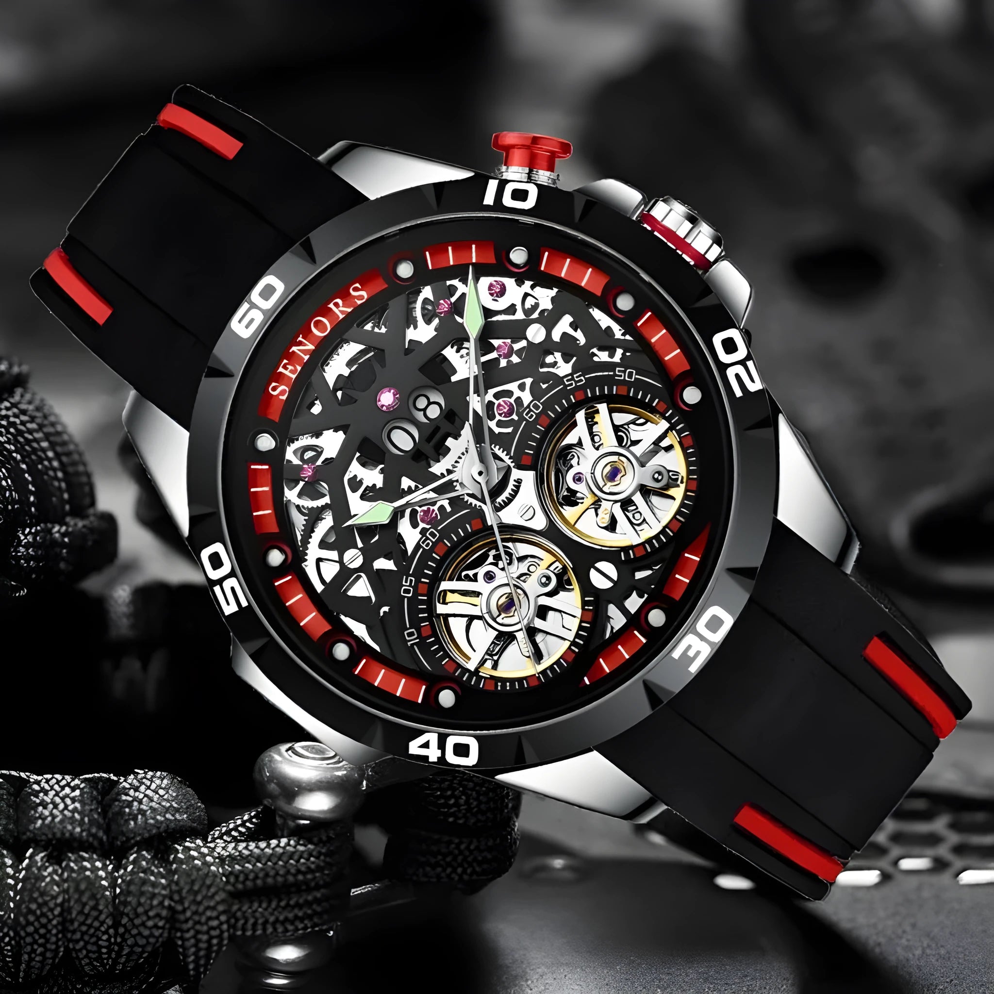 Automatic mechanical skeleton men's watch with luminous markers and exhibition back in stainless steel case
