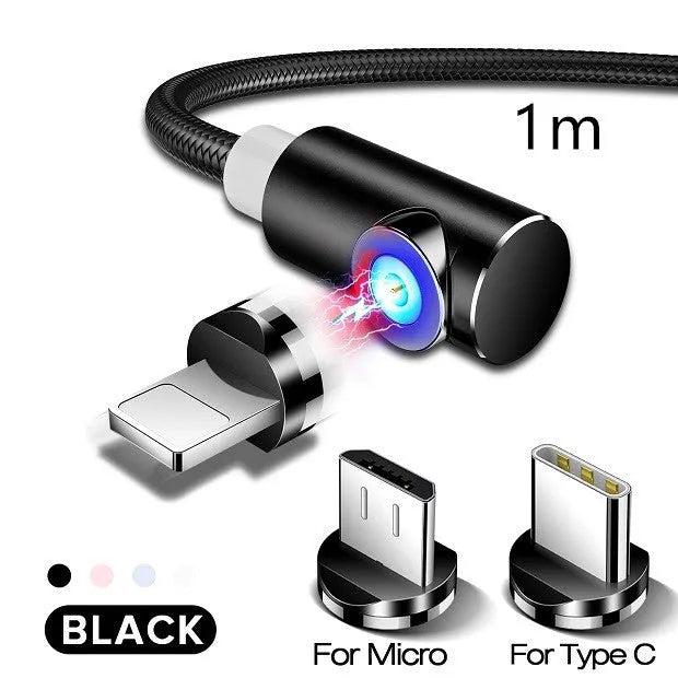 L-shape magnetic charging cable with aluminium housing in black, red, gold, or silver, showing Micro USB, Lightning and Type-C plug heads.