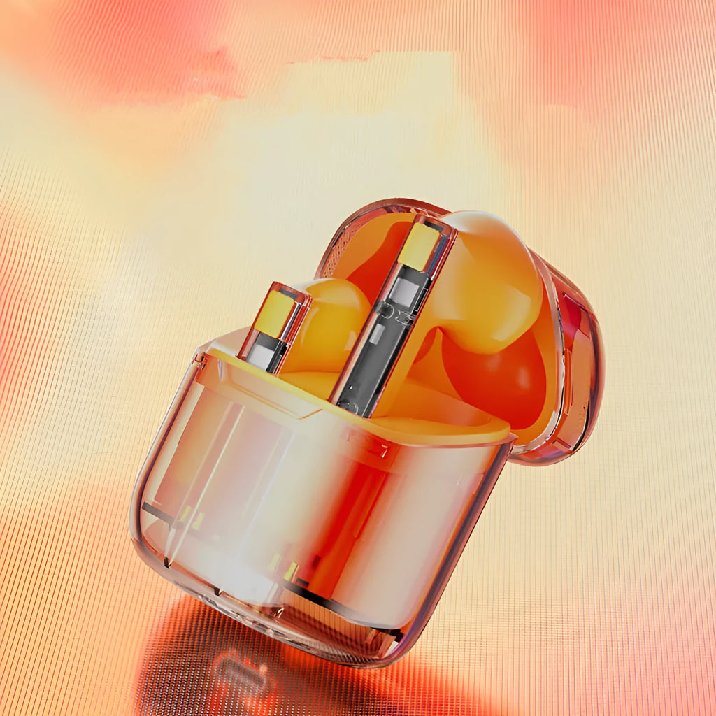 YX06 transparent TWS wireless headphones in black, green, orange, and white with charging case.