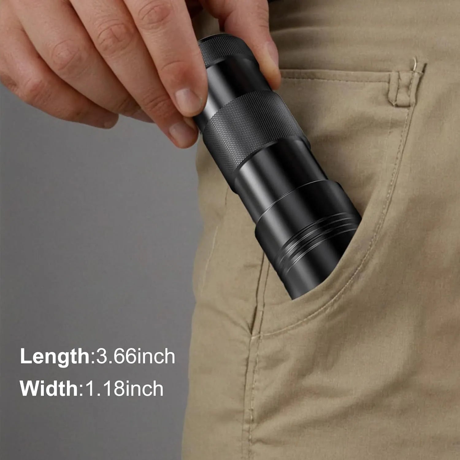 Compact black or silver aluminium alloy UV flashlight for detecting stains and pests.