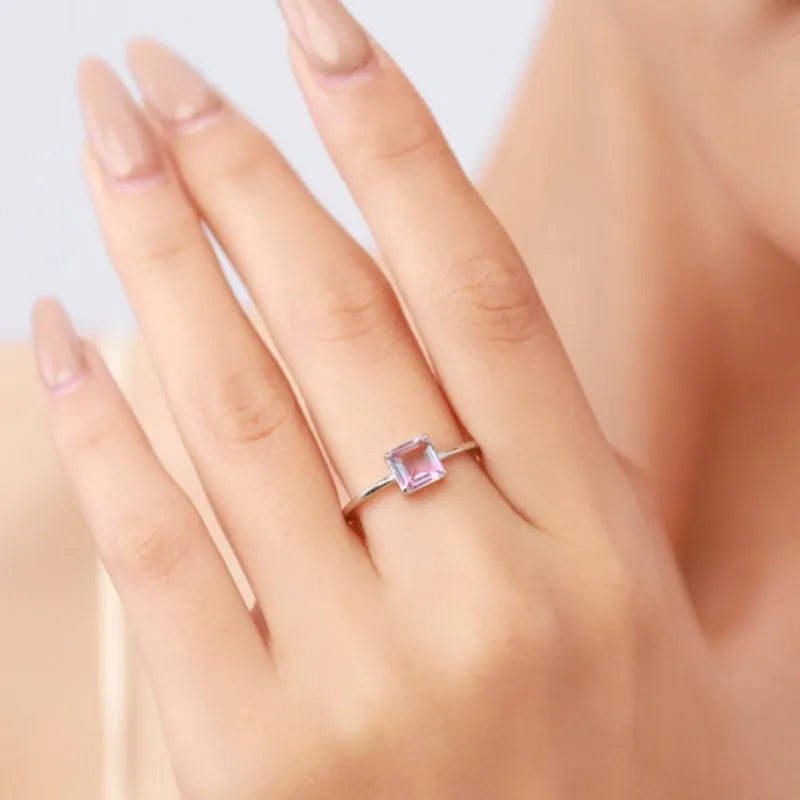 S925 sterling silver slim ring with quadrilateral watermelon tourmaline gemstone