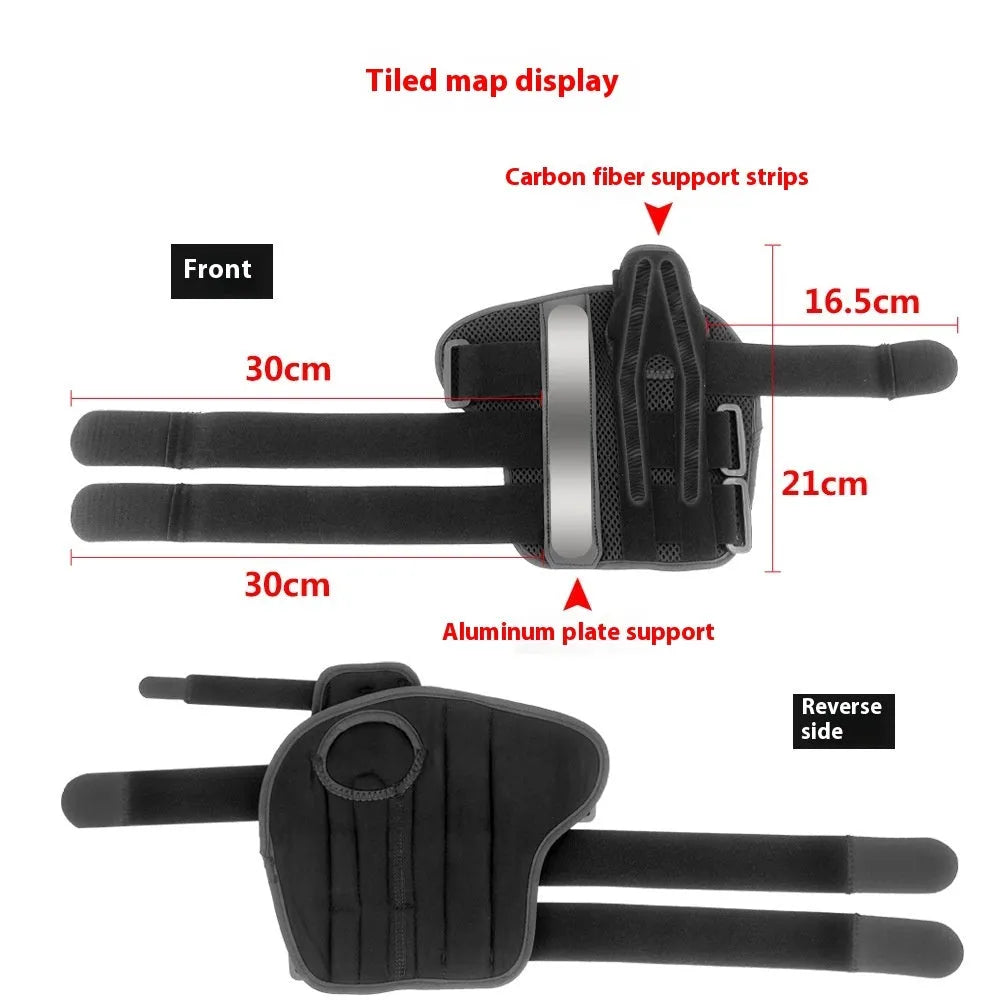 Black carbon fibre sports wrist guard with grey edging and an adjustable thumb strap.