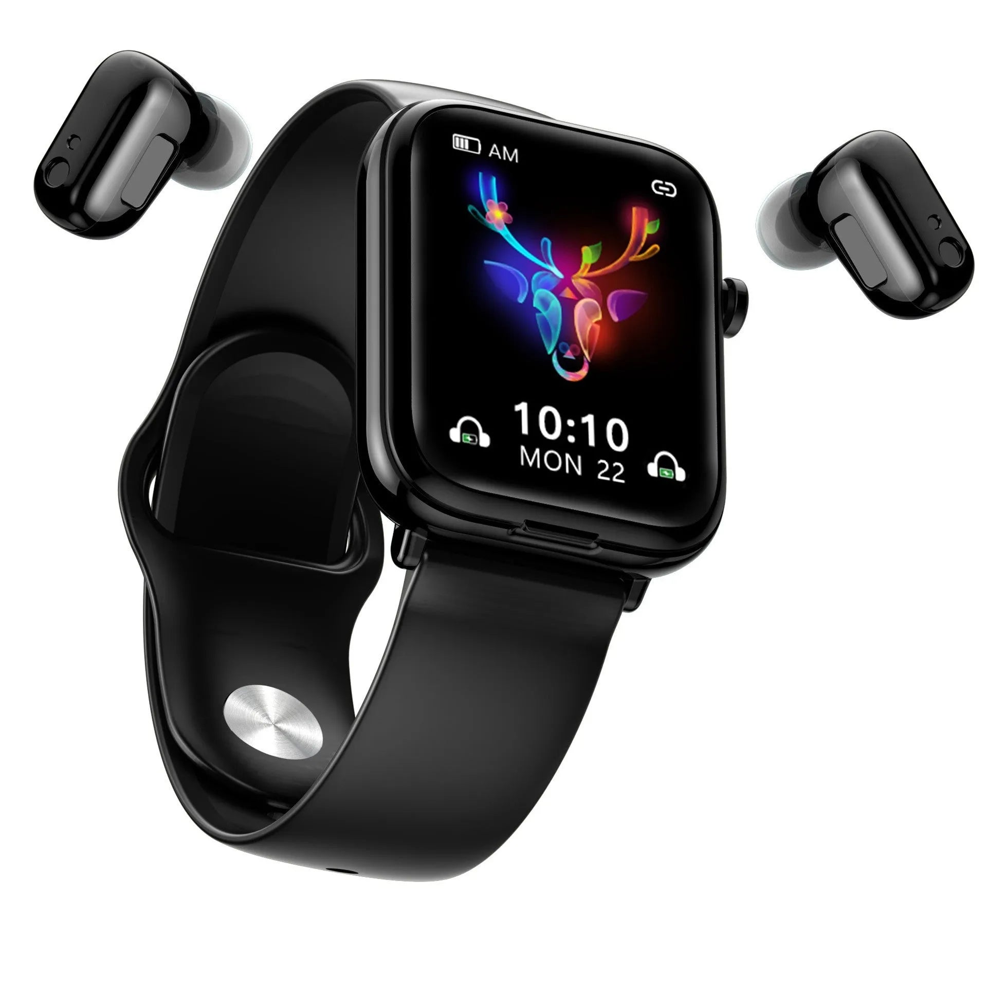 Black all-touch smartwatch with integrated Bluetooth headset charging case, showing 1.69-inch screen.