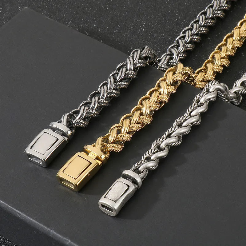 Men's titanium steel chain necklace with hemp flower links and antique silver finish