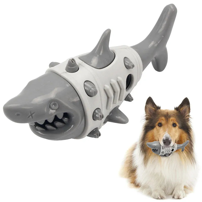 Blue, grey, and yellow dog chew toy with shark-tooth texture design.