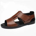 Men's black and brown casual leather sandals with open-toe design and rubber sole.