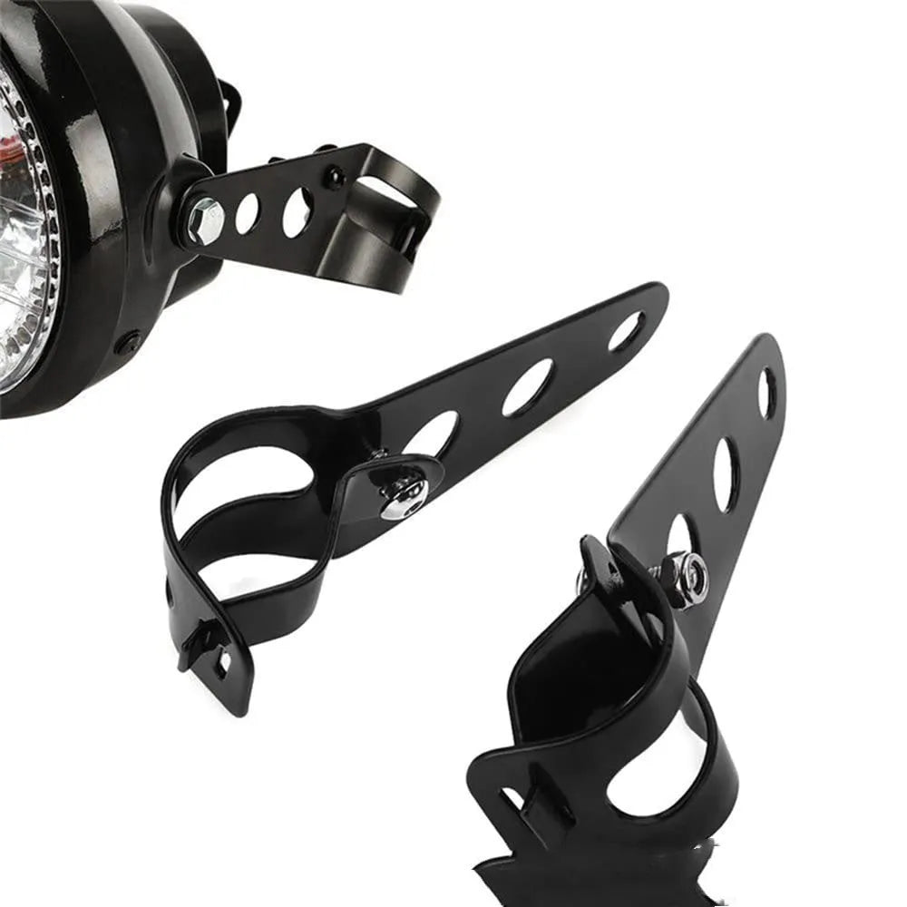 Pair of black iron motorcycle headlamp support brackets for retro modified headlight