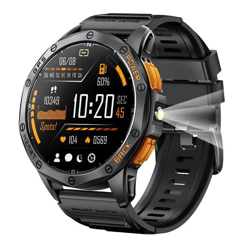 K67 AMOLED smart watch with metal body, Bluetooth calling, and compass displayed in black colour