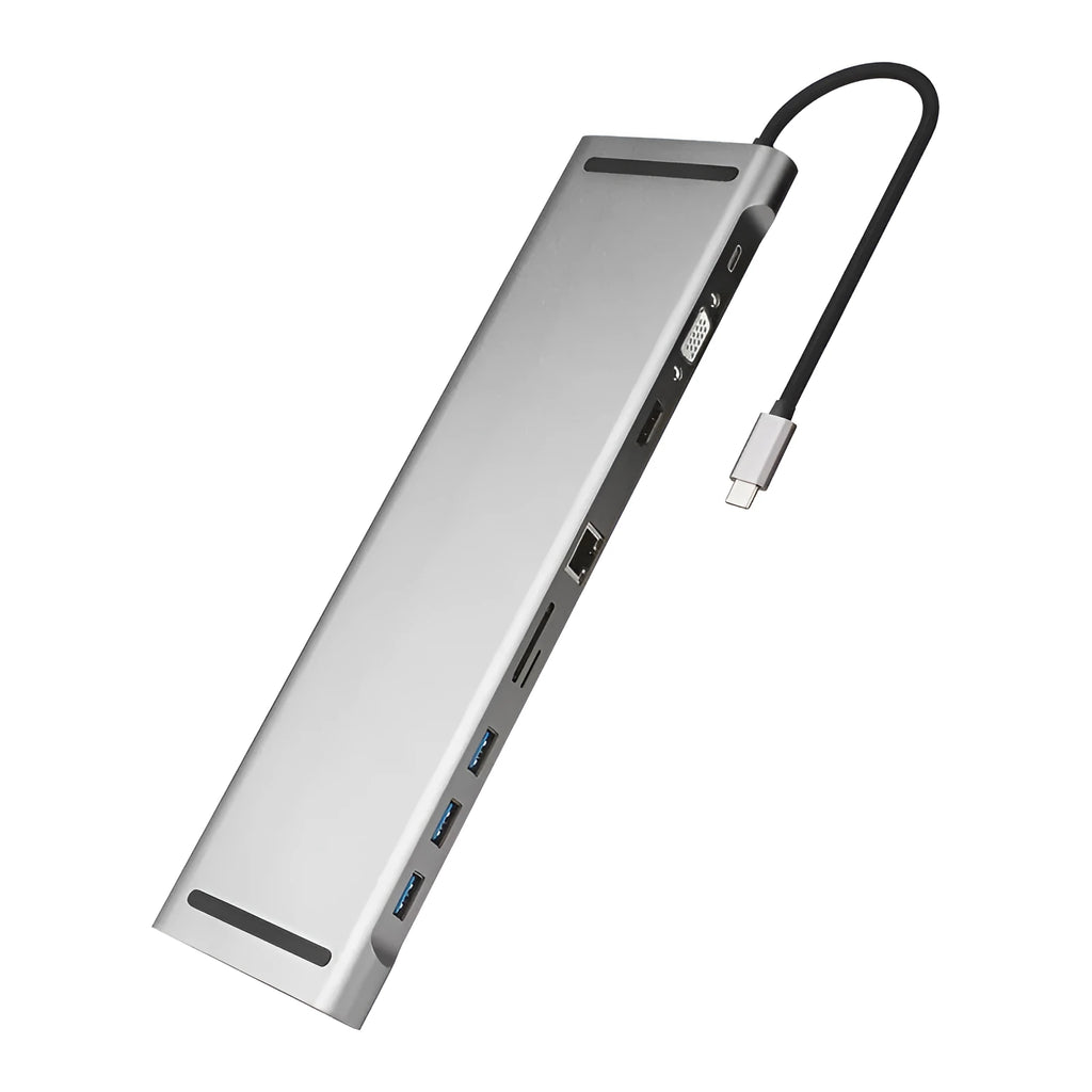 Grey ten-port hub docking station with cooling bracket showing HDMI, VGA, and USB ports