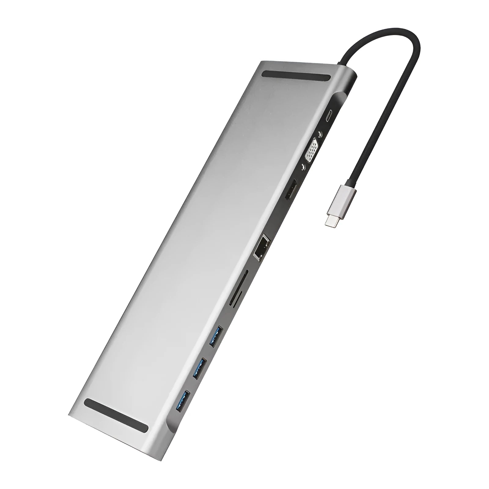 Grey ten-port hub docking station with cooling bracket showing HDMI, VGA, and USB ports