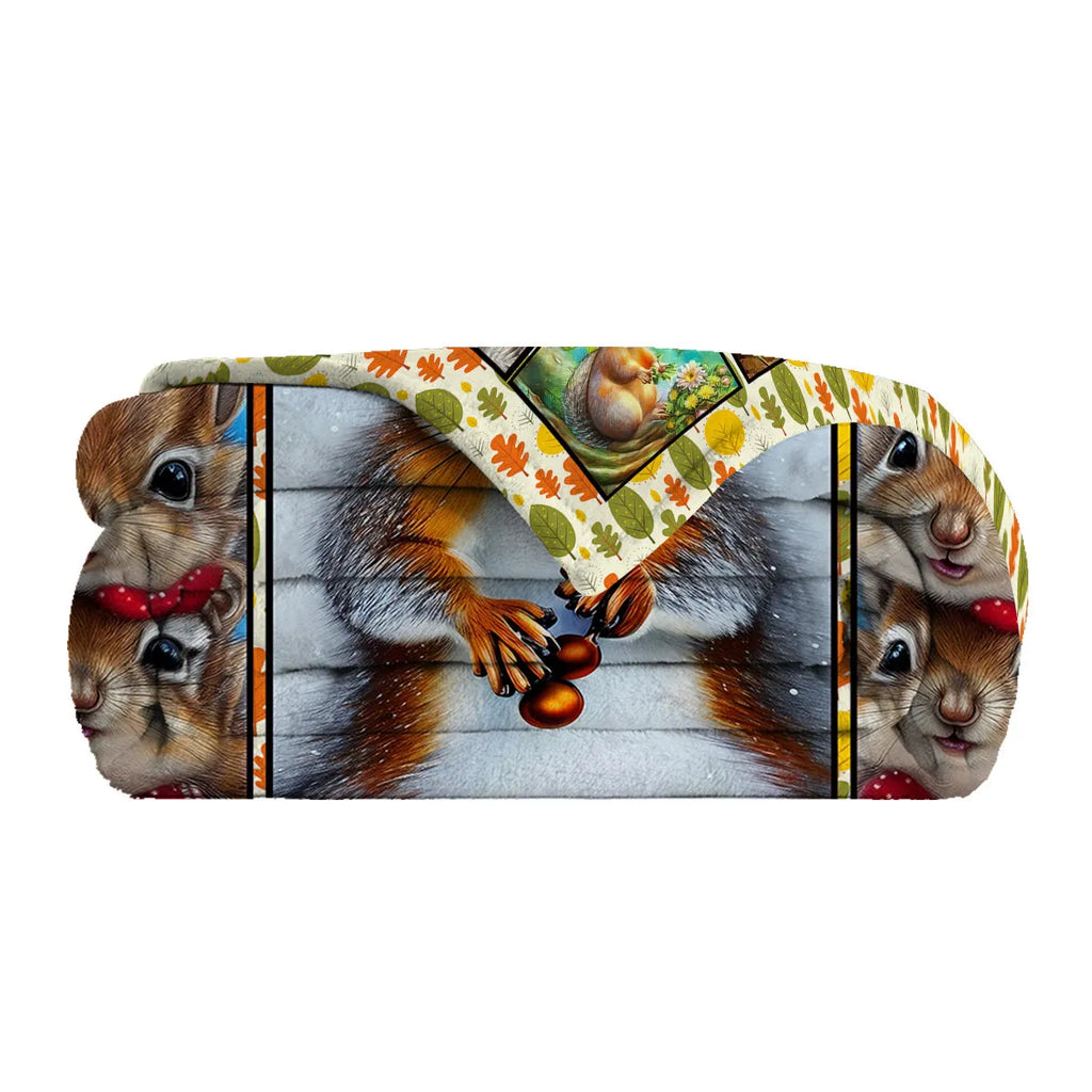 Yellow flannel blanket with white bellied squirrel print, 130x150cm, laid on a white background