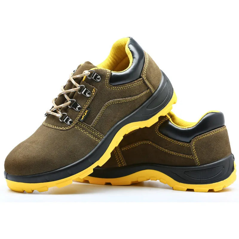 Bronze cow suede steel toe safety shoes with anti-smash protection and solid rubber sole