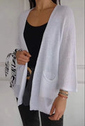 Women's waffle knit cardigan coat with nine-quarter sleeves in army green colour