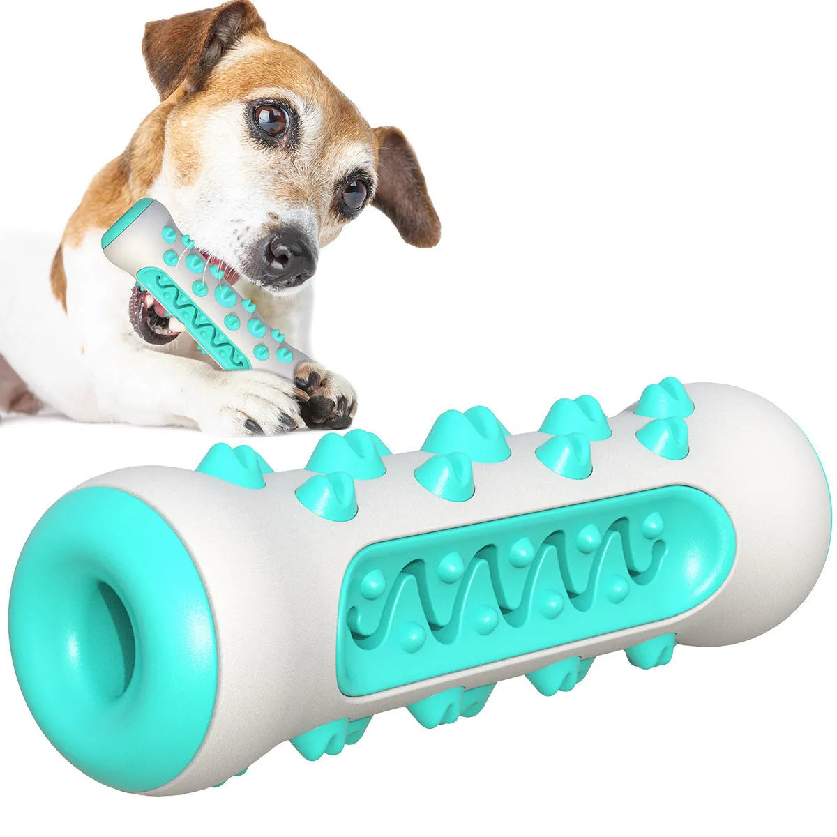 Natural rubber dog dental chew toy in blue colour, showing stick shape for teeth cleaning.