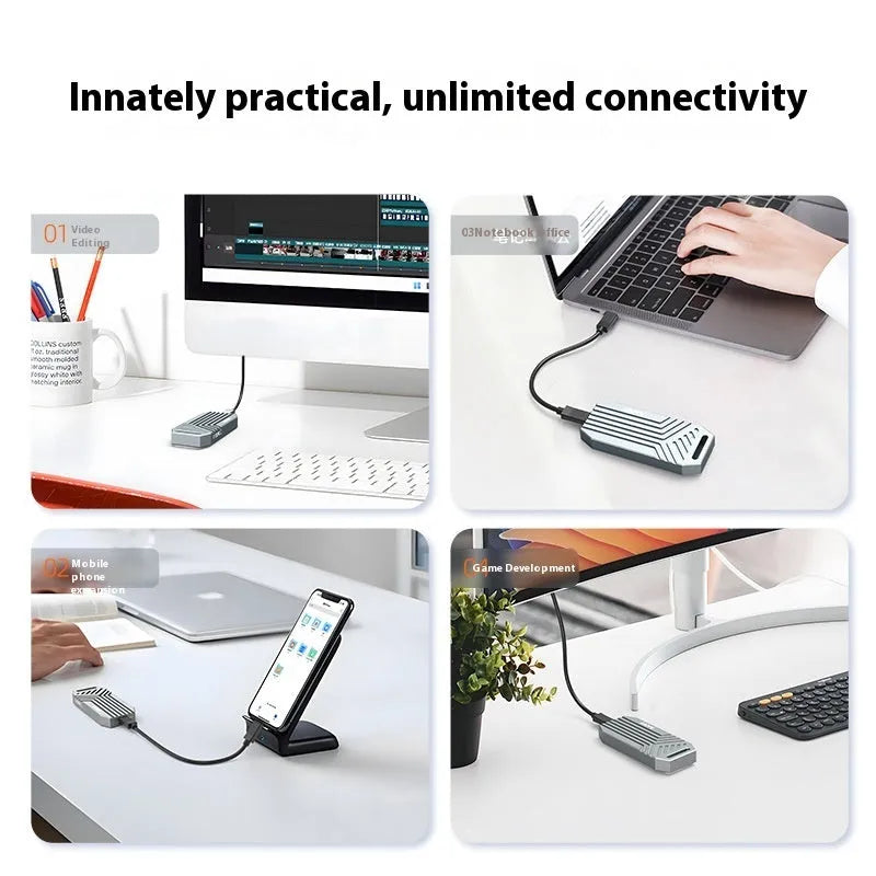 Aluminium external hard drive enclosure for M2 Mac, shown in silver and grey finishes, with 40Gbps label.