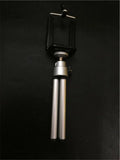 Two-section adjustable desktop phone holder in black and silver colour options on a desk