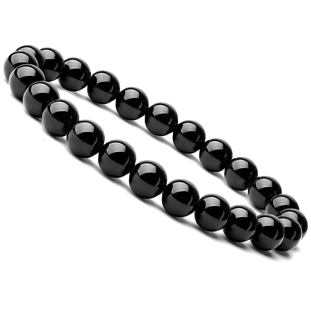 Geometric black agate beaded bracelet with 8mm stones on a black elastic cord.