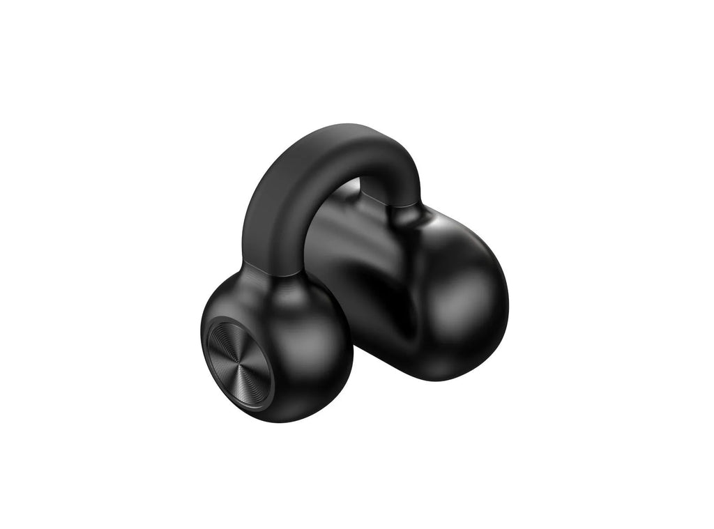 Black wireless Bluetooth clip-on headset with bone conduction technology on a white background.