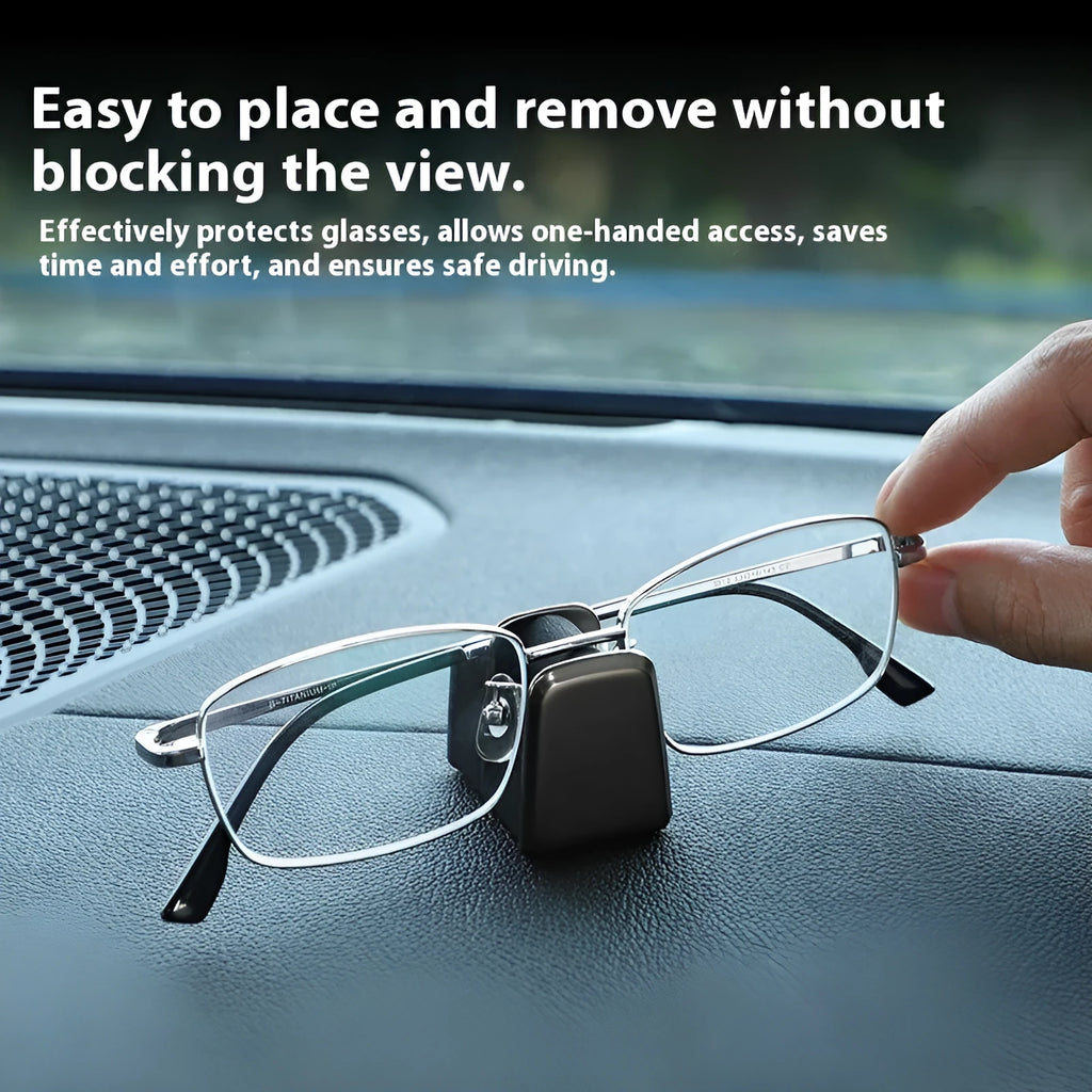Compact zinc alloy and leather glasses clip for car dashboard, shown in available colours.