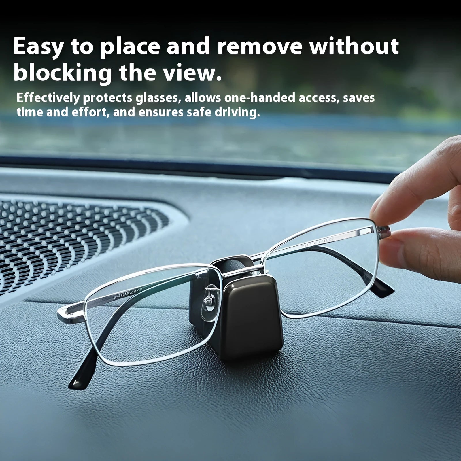 Compact zinc alloy and leather glasses clip for car dashboard, shown in available colours.